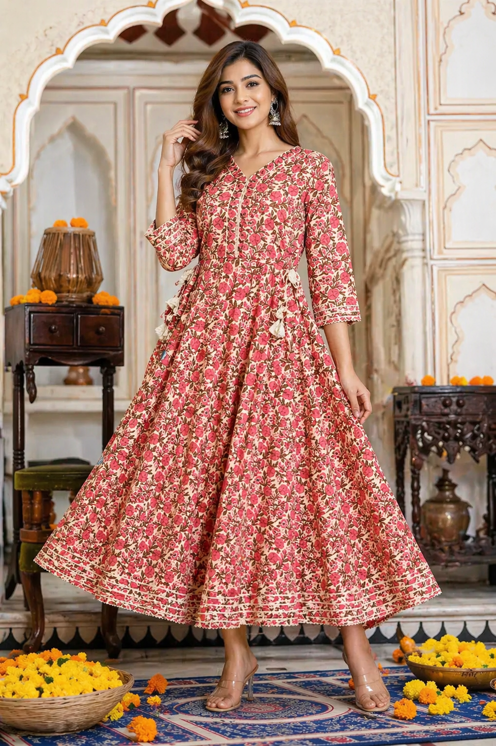 Cotton Printed Anarkali Kurti Red Women Ethnic Wear M