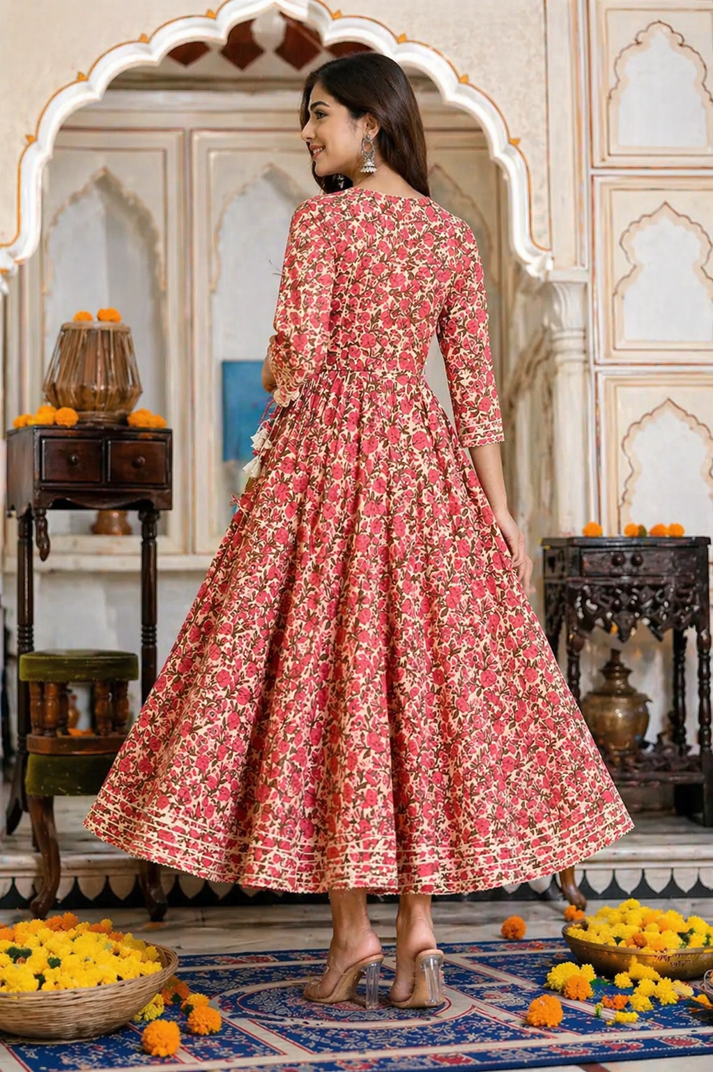 Cotton Printed Anarkali Kurti Red Women Ethnic Wear M
