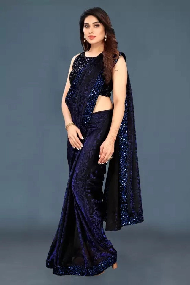 Lycra Blend Solid Saree Navy Blue 6.3m Stretch Wear