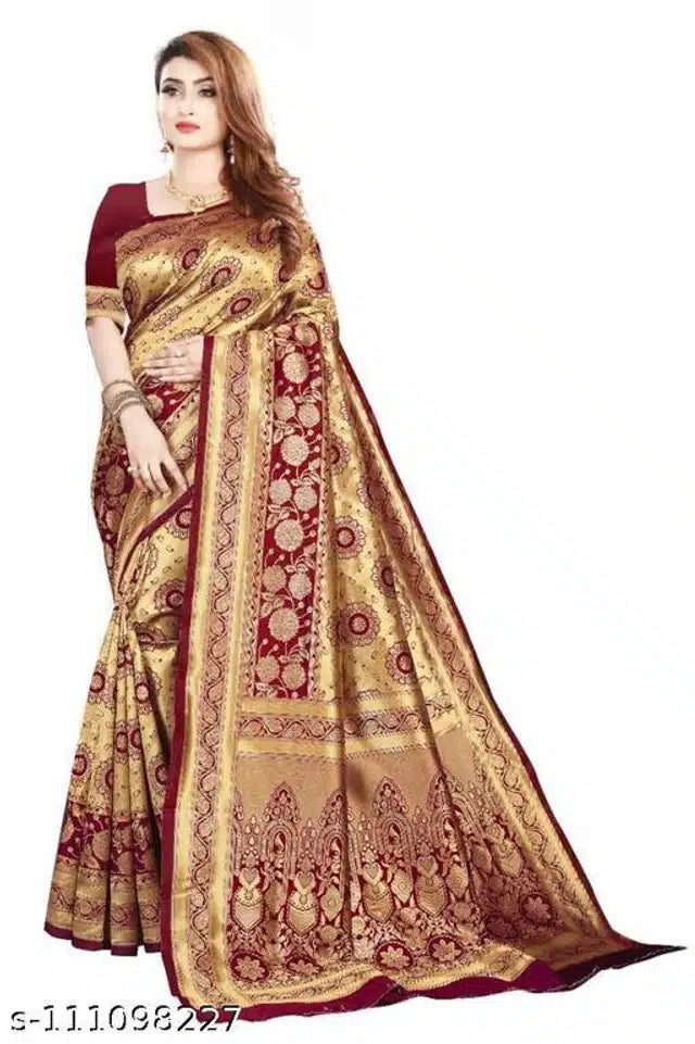 Banarasi Silk Saree Golden Dark Red 6.3m with Blouse
