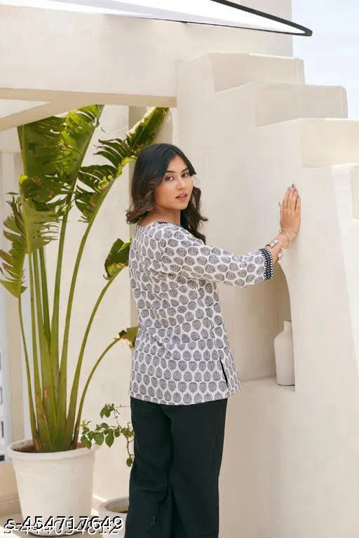 White Multicolor Hand Block Print Cotton Kurti Women