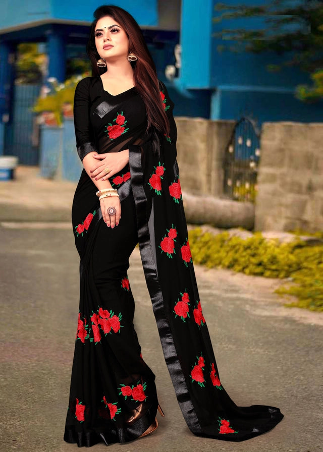 Georgette Embroidered Saree for Women Bottle Green