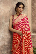 Jacquard Striped Saree for Women Red 6.3m Ethnic Wear