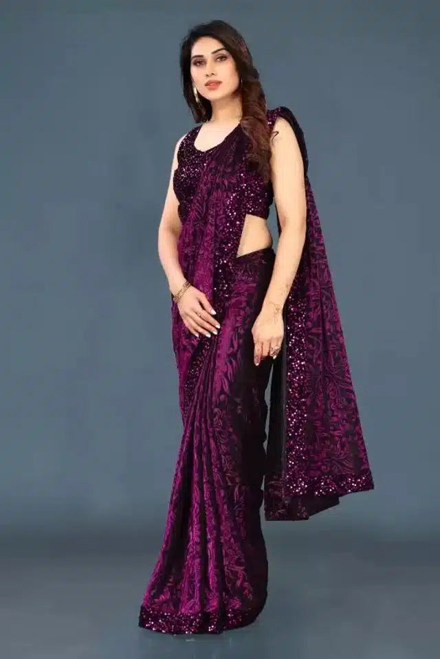 Lycra Sequin Saree Purple 6.3m Stylish Party Wear