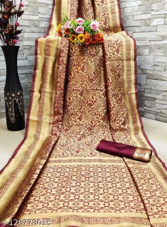 Jacquard Saree Golden Dark Red 6.3m with Blouse Wear