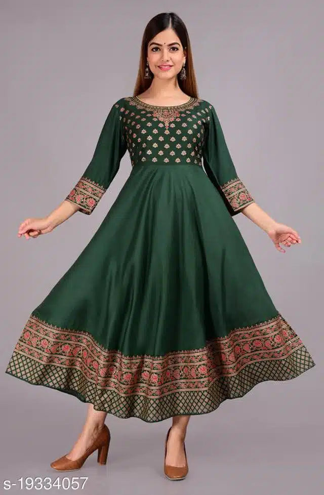 Rayon Printed Anarkali Kurti Green S Women Ethnic Wear