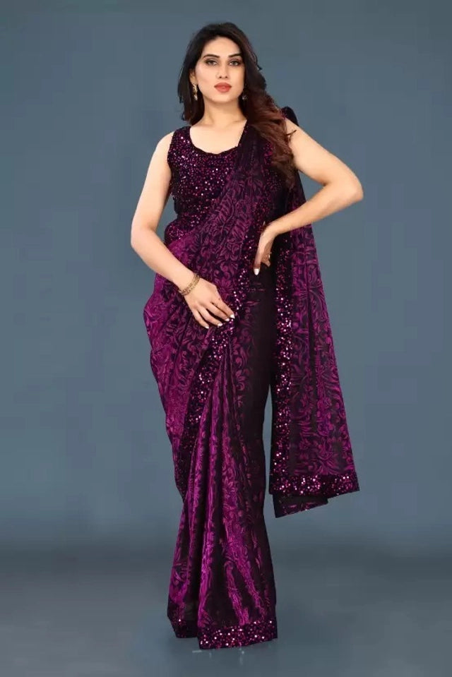 Lycra Blend Solid Saree Navy Blue 6.3m Stretch Wear