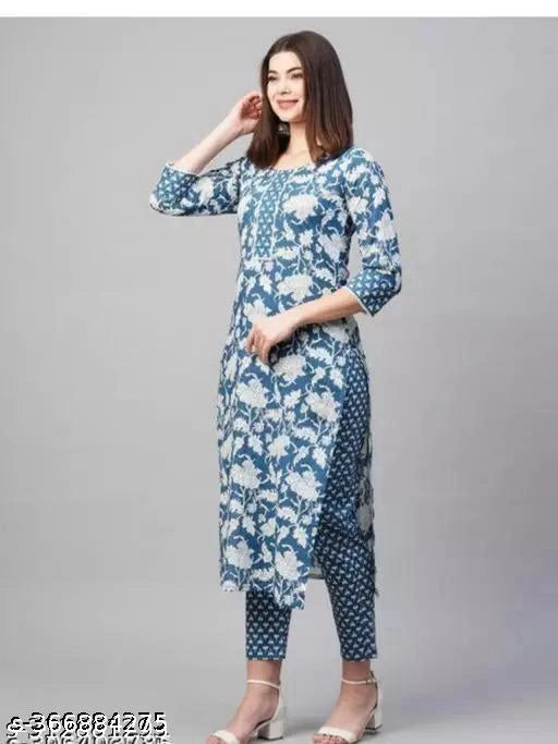 Cotton Printed Kurti Pant Set Women S Multicolor Style