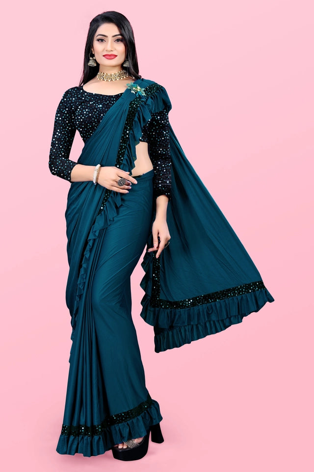 Lycra Blend Solid Saree Sea Green 6.3m Stretch Wear