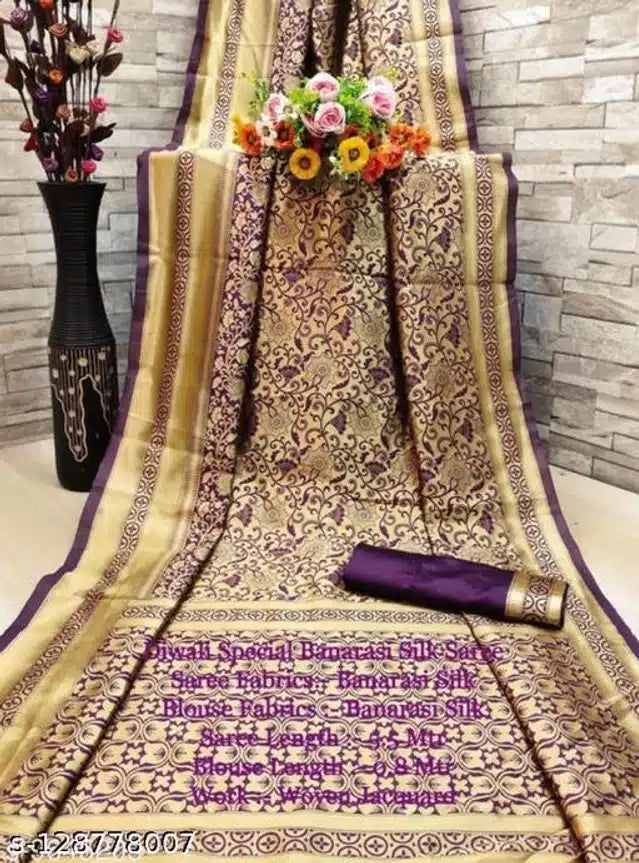 Jacquard Saree Golden Dark Red 6.3m with Blouse Wear