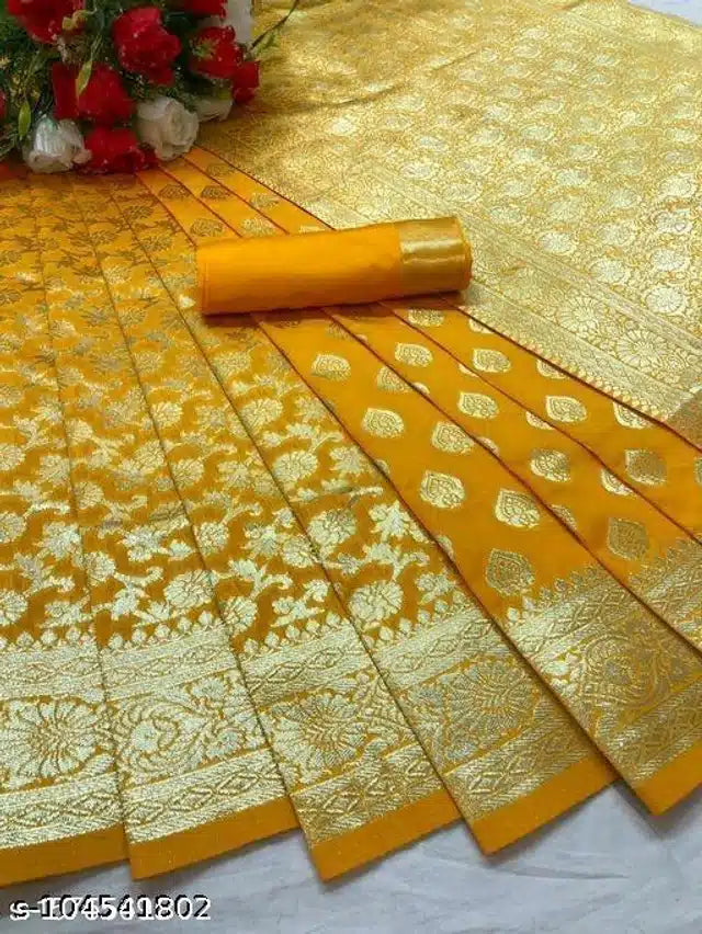 Banarasi Silk Saree Yellow 6.3m with Blouse Ethnic Wear