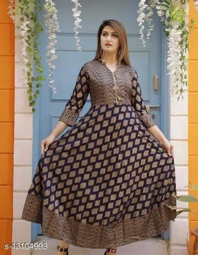 Rayon Printed Anarkali Kurti Navy Blue S Women Wear
