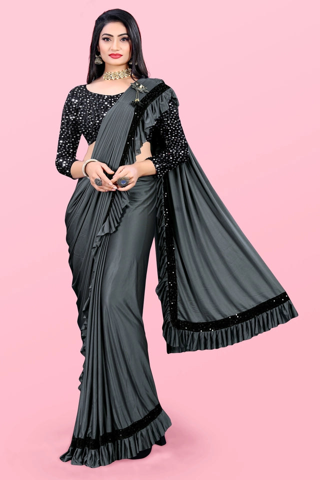 Lycra Blend Solid Saree Sea Green 6.3m Stretch Wear