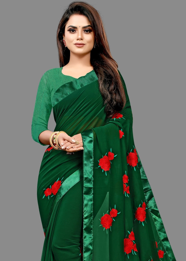 Georgette Embroidered Saree Bottle Green 6.3m Elegant