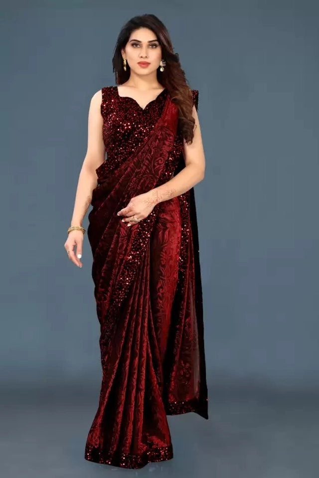Lycra Blend Solid Saree Navy Blue 6.3m Stretch Wear