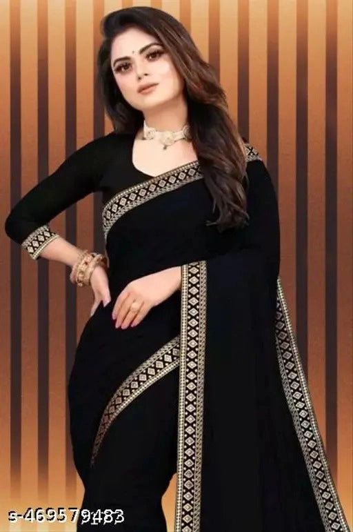 Lycra Blend Solid Saree Black 6.3m Stylish Stretch Wear