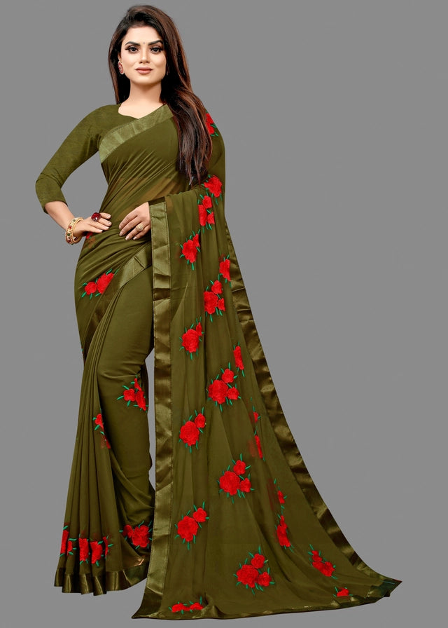 Georgette Embroidered Saree Bottle Green 6.3m Elegant