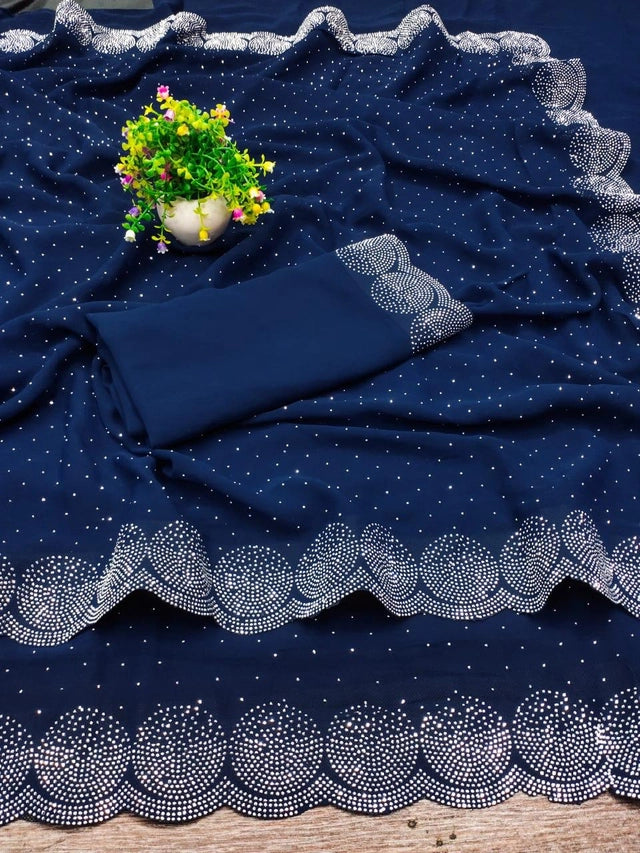 Georgette Embellished Saree Navy Blue 6.3m Elegant Wear
