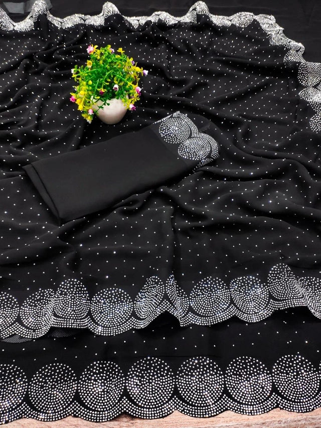 Georgette Embellished Saree Navy Blue 6.3m Elegant Wear