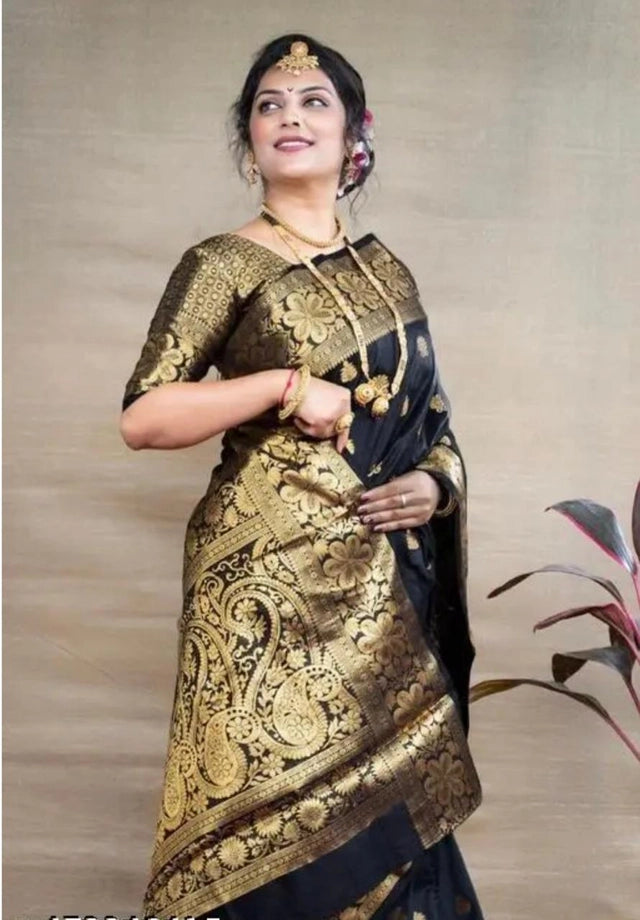 Banarasi Silk Saree Black 6.3m Woven Design Ethnic