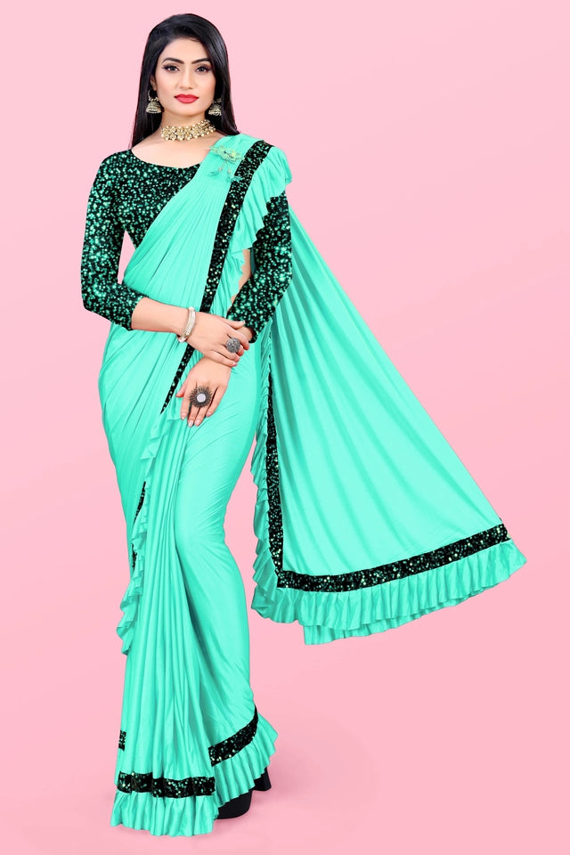 Lycra Blend Solid Saree Sea Green 6.3m Stretch Wear
