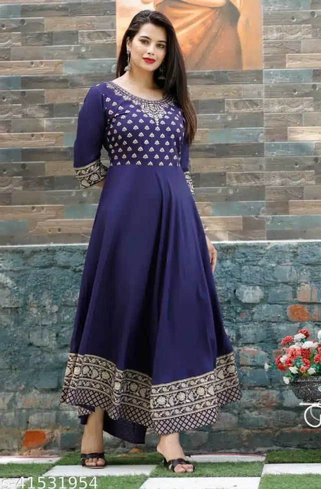 Rayon Printed Anarkali Kurti Blue S Women Ethnic Wear