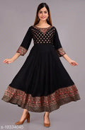 Rayon Printed Anarkali Kurti Black S Women Ethnic Wear