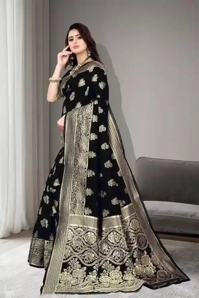 Jacquard Foil Printed Saree Black 6.3m Elegant Ethnic