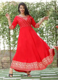 Rayon Printed Anarkali Kurti Red S Women Ethnic Wear
