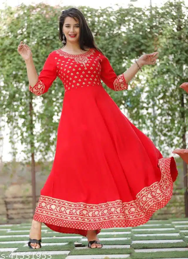 Rayon Printed Anarkali Kurti Red S Women Ethnic Wear