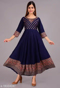Rayon Printed Anarkali Kurti Blue S Women Ethnic Wear