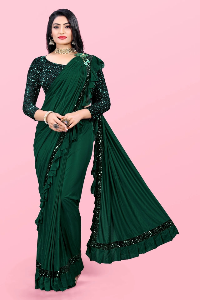 Lycra Blend Solid Saree Sea Green 6.3m Stretch Wear